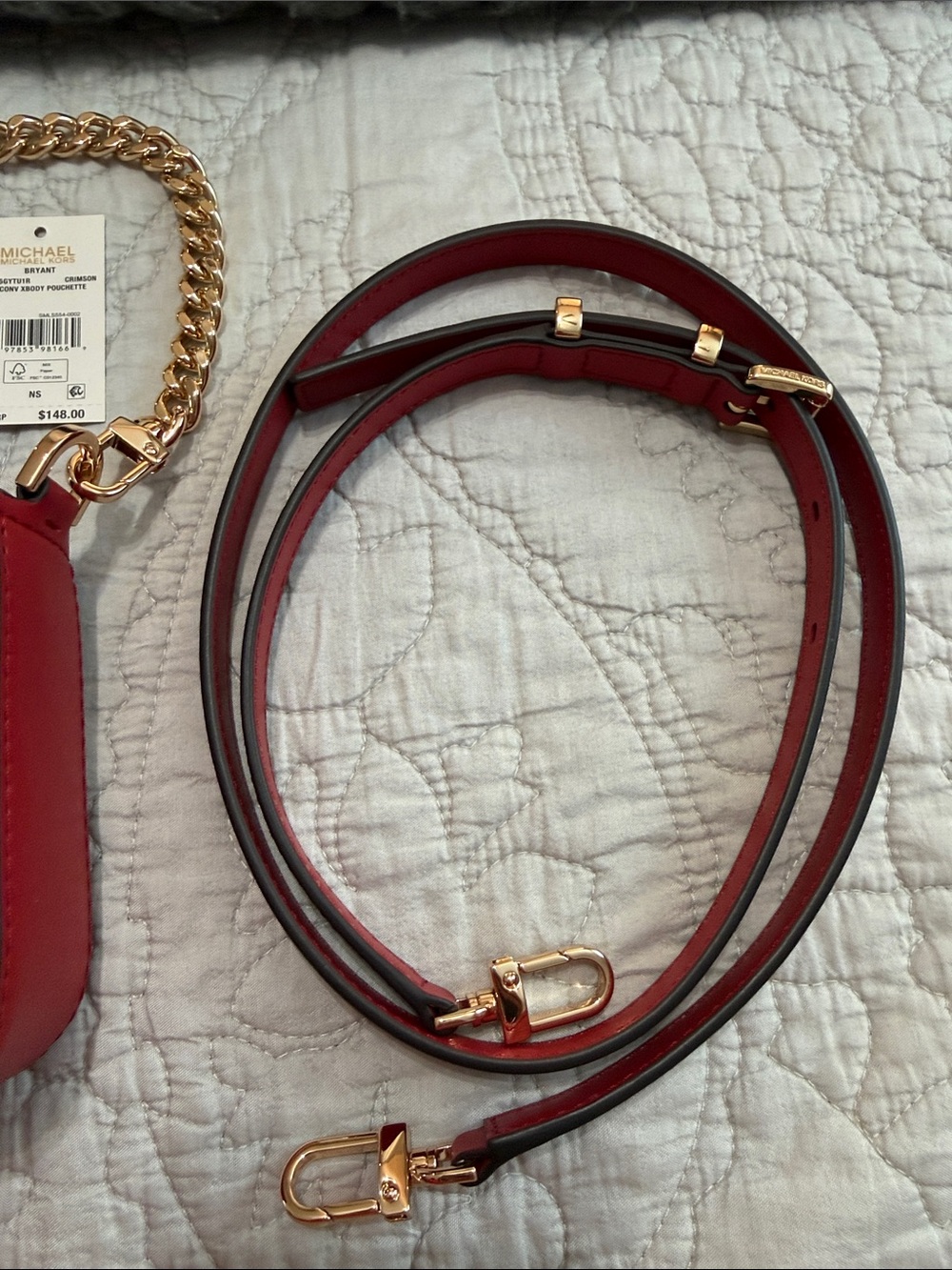 Michael Kors Red Shoulder Bag with Gold Chain Handle and Adjustable Strap - Picture 2 of 12